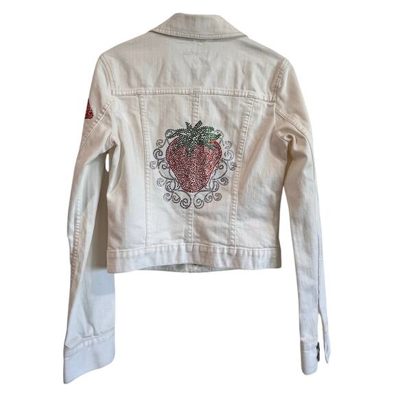 Aeropostale White Denim Jacket Med Rhinestone Strawberry Embellished Y2K Style - Picture 1 of 16